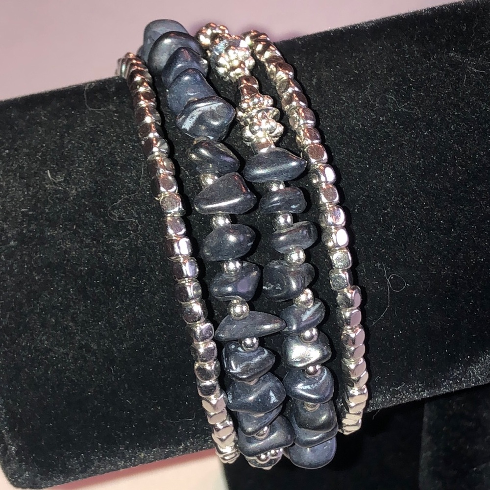 Silver Tone and Dark Blue Beaded Wrap Bracelet